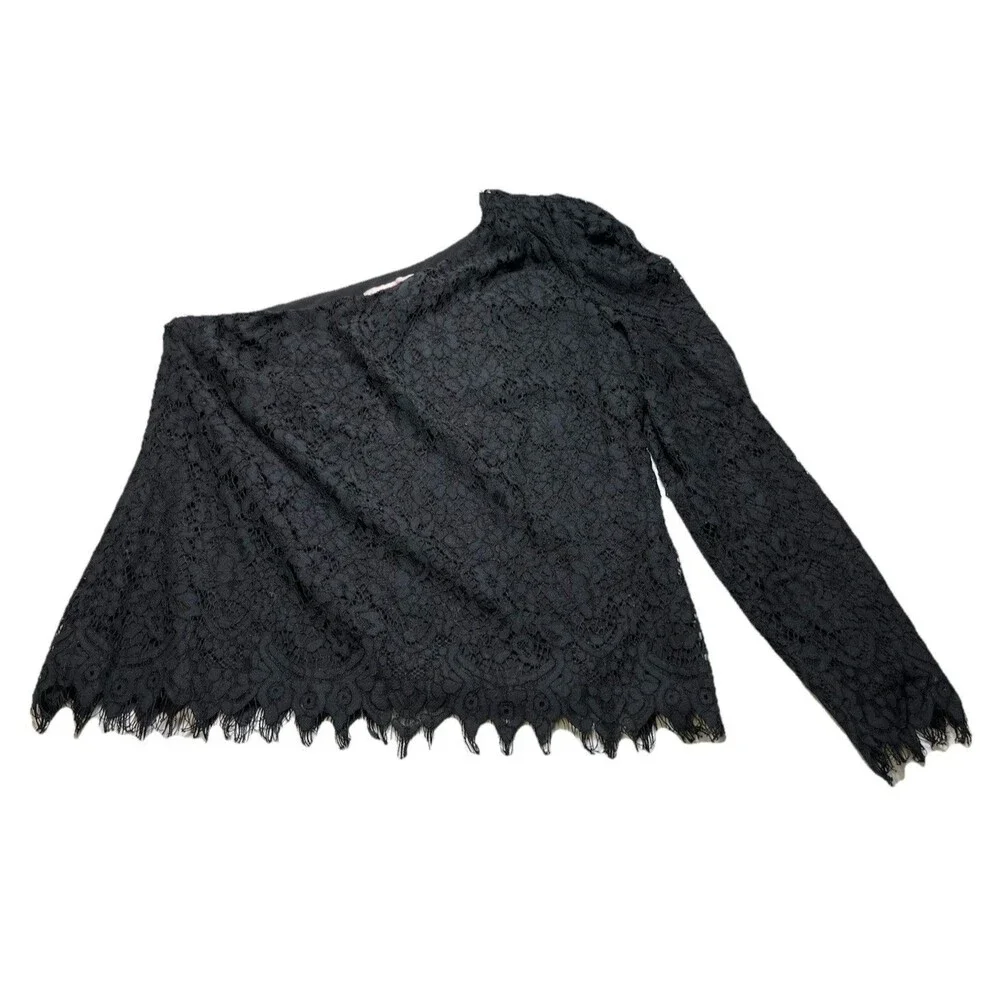 Leyden Black Lace Sheer One Shoulder‎ Top Womens Large Long Sleeve Fringe Hem